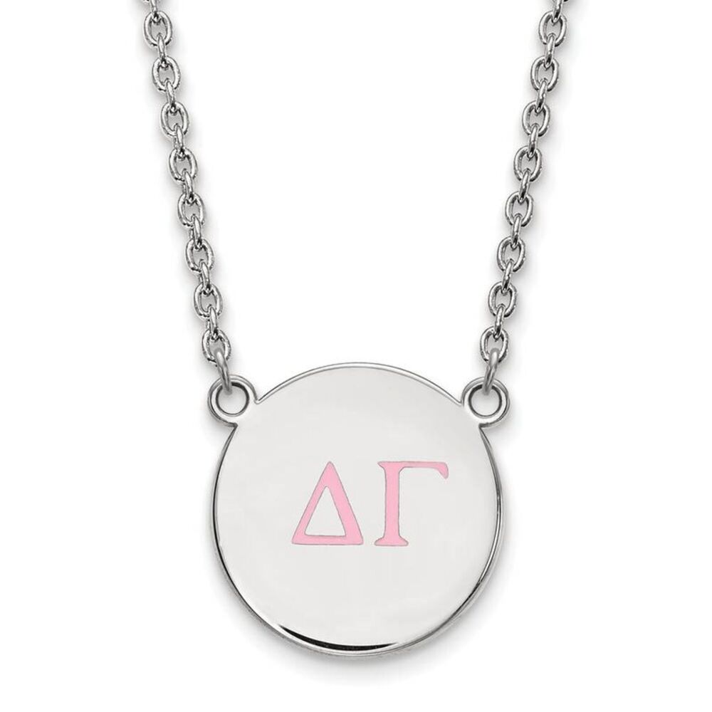 Sterling Silver Delta Gamma Large Pink Enamel Greek Letters Necklace